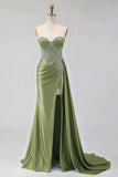 Mint Green Sweetheart Mermaid Beaded Long Plus Size Prom Dress with Slit