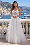 White Spaghetti Straps Corset A Line Appliqued Tulle Wedding Dress