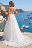 White Spaghetti Straps Corset A Line Appliqued Tulle Wedding Dress