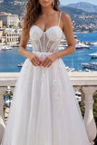 White Spaghetti Straps Corset A Line Appliqued Tulle Wedding Dress