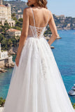 White Spaghetti Straps Corset A Line Appliqued Tulle Wedding Dress