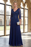 Sparkly Navy V-Neck Pleated A Line Mother of the Bride Dress