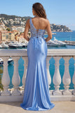 One Shoulder Light Blue Appliqued Satin Mermaid Prom Dress