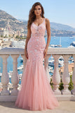 Pink V-Neck Mermaid Appliqued Tulle Prom Dress