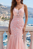 Pink V-Neck Mermaid Appliqued Tulle Prom Dress