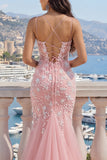 Pink V-Neck Mermaid Appliqued Tulle Prom Dress