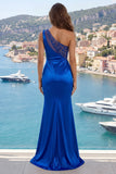 One Shoulder Royal Blue Mermaid Satin Prom Dress with Slit