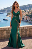 Dark Green Spaghetti Straps Mermaid Satin Prom Dress