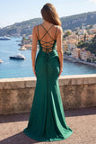 Dark Green Spaghetti Straps Mermaid Satin Prom Dress