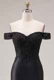 Off The Shoulder Black Mermaid Appliqued Satin Prom Dress