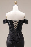 Off The Shoulder Black Mermaid Appliqued Satin Prom Dress