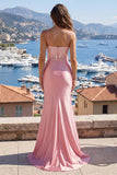 Blush Spaghetti Straps Mermaid Satin Prom Dress with Slit