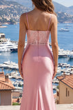 Blush Spaghetti Straps Mermaid Satin Prom Dress with Slit