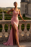Blush Mermaid Appliqued Corset Long Prom Dress with Slit