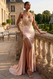 Champagne Appliqued Corset Mermaid Long Prom Dress with Slit
