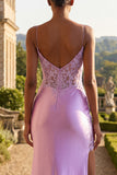 Champagne Appliqued Corset Mermaid Long Prom Dress with Slit
