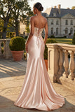 Strapless Champagne Mermaid Corset Appliqued Long Prom Dress with Slit