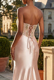 Strapless Champagne Mermaid Corset Appliqued Long Prom Dress with Slit