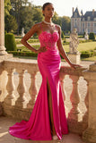 Fuchsia Floral Beaded Mermaid Corset Long Prom Dress with Slit