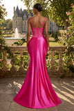 Fuchsia Floral Beaded Mermaid Corset Long Prom Dress with Slit