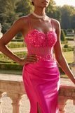 Fuchsia Floral Beaded Mermaid Corset Long Prom Dress with Slit