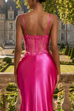 Fuchsia Floral Beaded Mermaid Corset Long Prom Dress with Slit