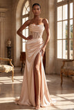 Strapless Champagne Mermaid Beaded Ruched Long Prom Dress with Slit
