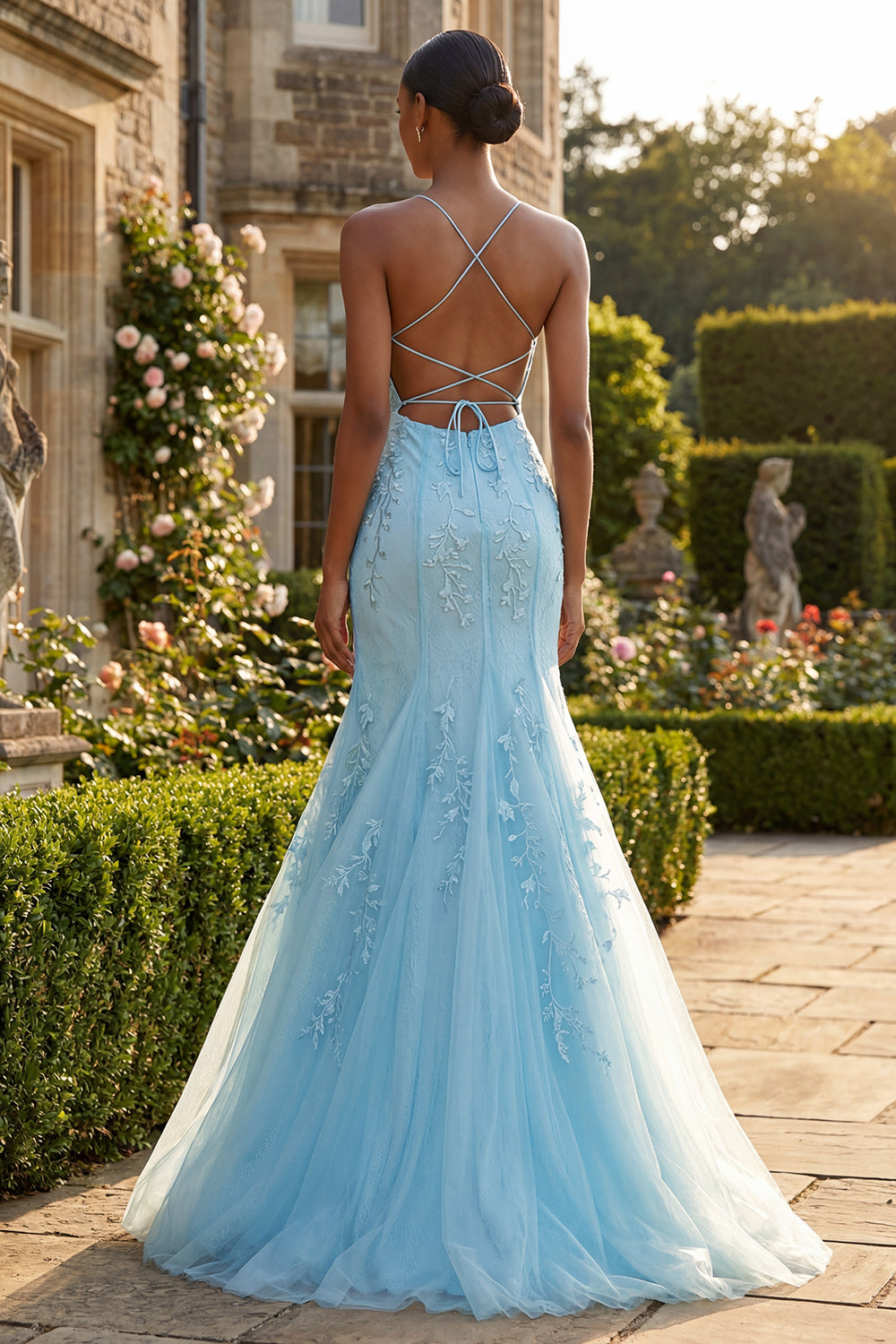 Zapaka Women Blue Appliqued Long Prom Dress Mermaid Spaghetti Straps Party Dress with Lace Up Back, Blue / S