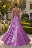 Purple A Line Appliqued Pleated Long Prom Dress with Slit