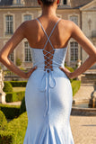 Blue Beaded Mermaid Satin Long Prom Dress with Slit