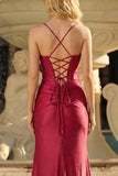 Burgundy Mermaid Beaded Corset Lace Up Back Long Prom Dress with Slit