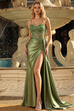 Mermaid Grass Green Beaded Sheer Corset Long Prom Dress with Slit