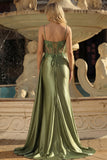 Mermaid Grass Green Beaded Sheer Corset Long Prom Dress with Slit