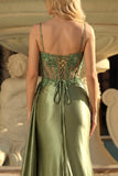 Mermaid Grass Green Beaded Sheer Corset Long Prom Dress with Slit