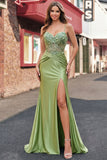 Green Corset Mermaid Spaghetti Straps Satin Long Prom Dress with Slit