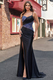 Black Beaded Mermaid Satin Prom Dress with Slit