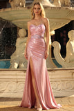 Strapless Blush Mermaid Corset Prom Dress with Slit