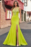 Round Neck Appliqued Mustard Yellow Mermaid Prom Dress with Slit