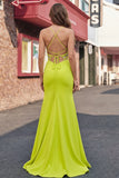Round Neck Appliqued Mustard Yellow Mermaid Prom Dress with Slit