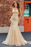 Champagne Sequin Mermaid Corset Prom Dress