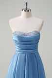 Blue A Line Strapless Pleated Corset Tiered Long Prom Dress with Sequins