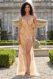 Sparkly Gold Spaghetti Straps Mermaid Prom Dress with Slit