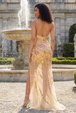 Sparkly Gold Spaghetti Straps Mermaid Prom Dress with Slit
