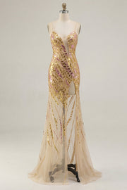 Sparkly Gold Spaghetti Straps Mermaid Prom Dress with Slit