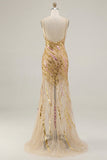 Sparkly Gold Spaghetti Straps Mermaid Prom Dress with Slit