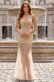 Gold V-Neck Sheer Mermaid Sequin Prom Dress
