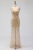 Gold V-Neck Sheer Mermaid Sequin Prom Dress