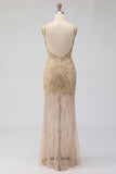 Gold V-Neck Sheer Mermaid Sequin Prom Dress