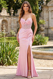 Pink Floral Mermaid Corset Prom Dress with Slit