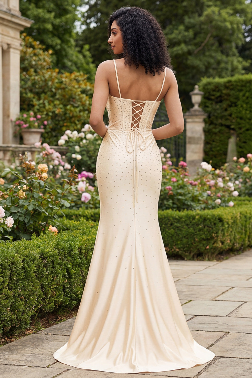 champagne beaded mermaid dress Luxury Champagne Beaded Glitter Sheer Cape Sleeve Mermaid Evening Dress SS538